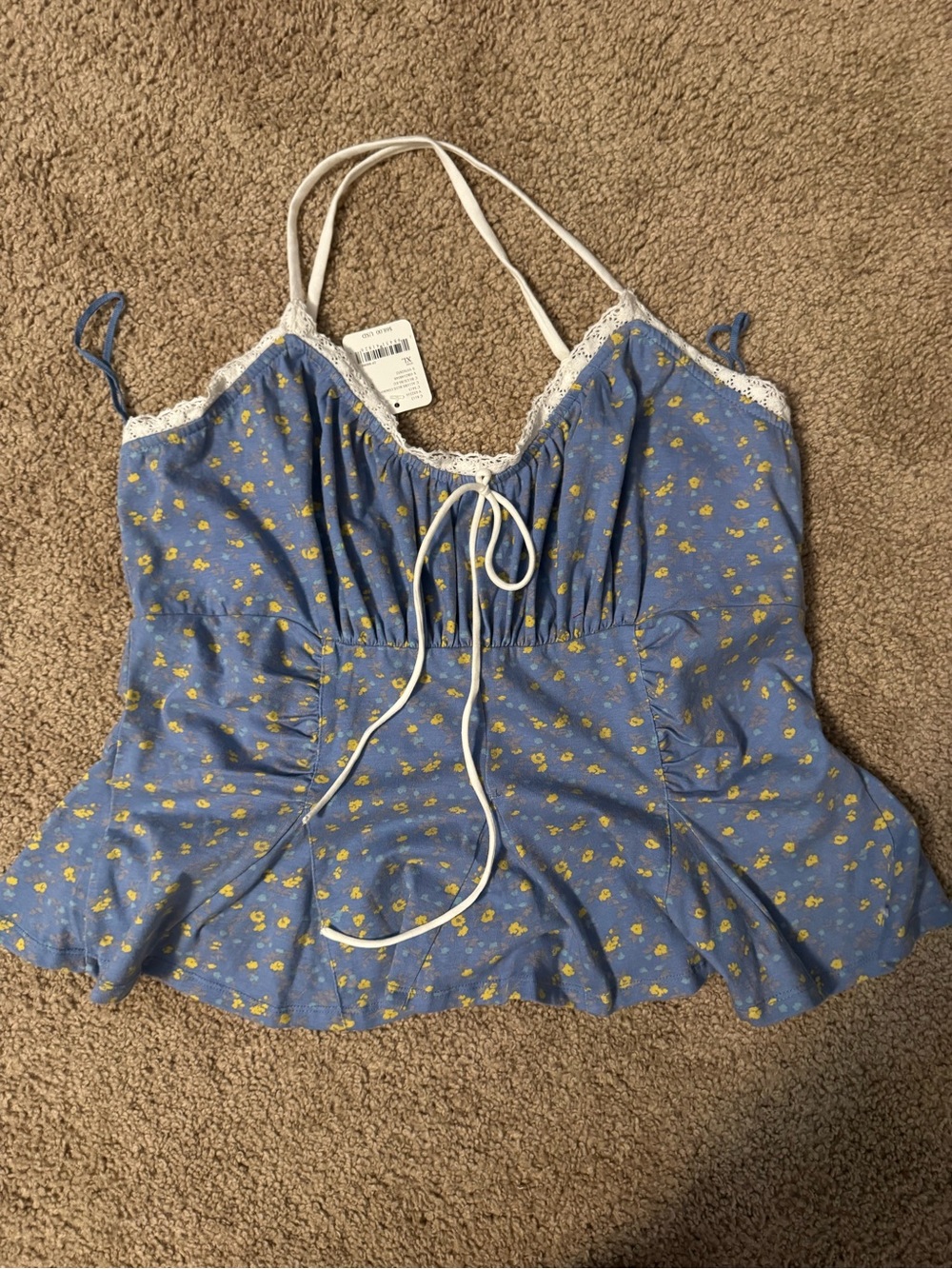 Free People Blue Floral Lace-Trim Tie-Front Cami